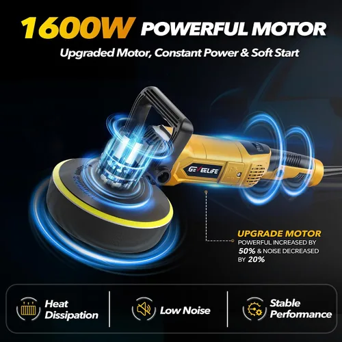 Miniatura 2 de GEVEELIFE Pulidora pulidora rotativa de 6 pulgadas/7 pulgadas, 1600 W, 7 velocidades variables, 1000-3500 RPM, mango desmontable para automóvil