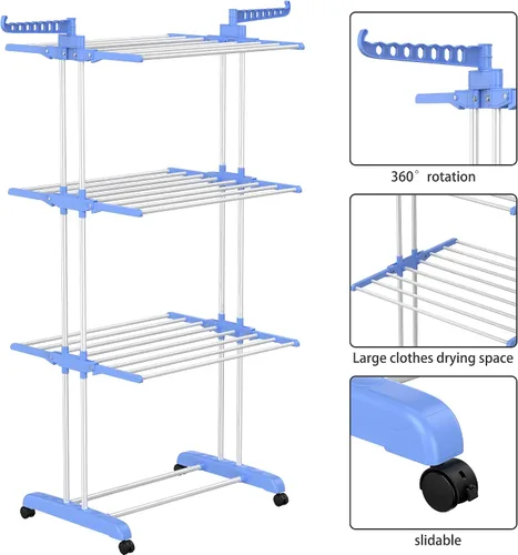 Miniatura 5 de HOMIDEC Tendedero de Ropa, Tendedero Plegable Grande de 4 Niveles para Ropa (67.7H x 19.7W x 30L Pulgadas), Móvil con 4 Ruedas. Tendedero Azul