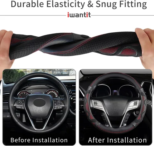 Miniatura 5 de Iwantit® Funda para volante con diseño de panal 3D antideslizante y telas transpirables, universal de 14.5-15 pulgadas (rojo/negro)