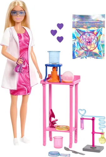 Barbie Muñeca científica y accesorios con muñeca rubia de moda, mesa de laboratorio, microscopio, vaso de precipitados que cambian de color y