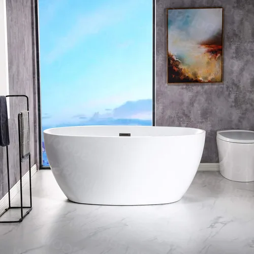 Miniatura 2 de WOODBRIDGE Bañera de acrílico independiente de 55 pulgadas, bañera blanca de remojo contemporáneo con desbordamiento y drenaje negro mate, B1418