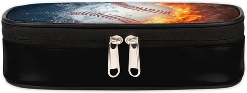 Miniatura 2 de Estuche de cuero blanco de béisbol 3D para lápices, organizador de papelería de gran capacidad, bolsa para lápices con agua y fuego para niños
