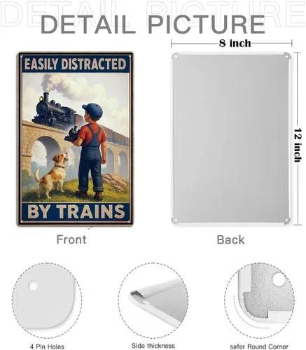 Miniatura 2 de Letrero de hojalata fácilmente distraído por trenes – Decoración de tren para habitación de niños y hombres – Regalos de tren para papá