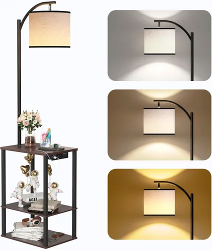 Miniatura 12 de Lámpara de pie SUNMORY con mesa, mesa auxiliar para sala de estar con lámpara, mesa lateral con estantes y estación de carga (puerto USB y AC)