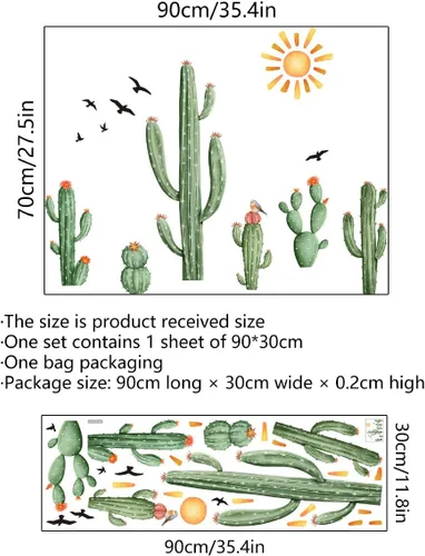 Miniatura 4 de Calcomanías de Pared de Cactus Boho Calcomanías de Pared de Sol Boho Plantas Tropicales de Cactus Verdes con Pájaros Calcomanías de Pared para Sala