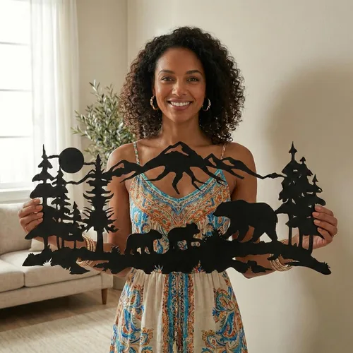 Miniatura 2 de DEKADRON Arte de pared de metal, arte familiar de oso de metal, decoración de montaña de árbol, decoración de pared de naturaleza, regalo