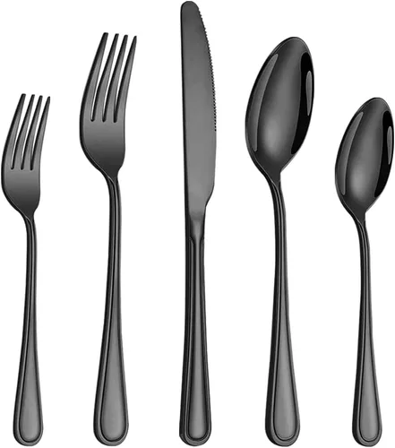 Juego de cubiertos negros de 20 piezas para 4, juego de cubiertos de acero inoxidable de grado alimenticio, incluye tenedor/cuchillo/cuchara, juego