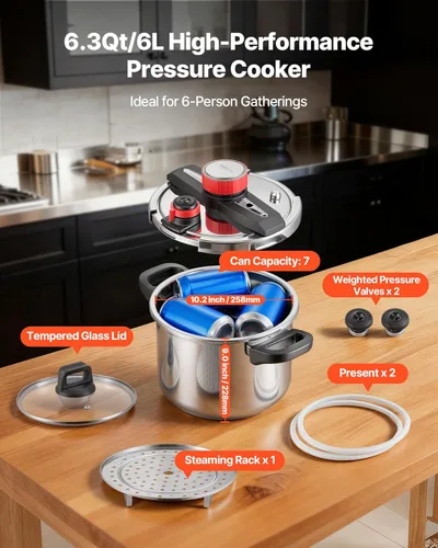 Miniatura 4 de VEVOR Olla a presión, olla a presión de 6.3 cuartos de galón, acero inoxidable, recipiente a presión con estante para vapor, tapa de vidrio