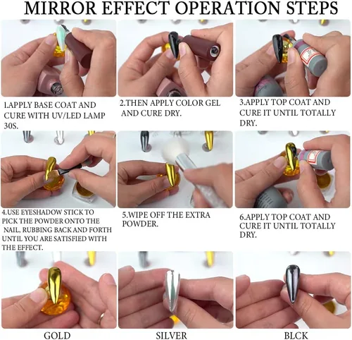 Miniatura 3 de Polvo cromado metálico – 2 tarros de uñas espejo efecto purpurina pigmento polvo oro plata para puntas de manicura con aplicadores de esponja Polvo