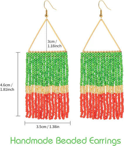 Miniatura 7 de Aretes de borla hechos a mano, aretes de cuentas de semillas, aretes bohemios con flecos para mujer