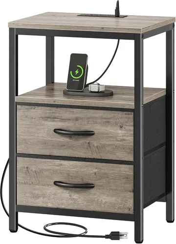 Miniatura 23 de Huuger - Mesita de noche con estación de carga, mesa auxiliar con 2 cajones de tela, mesa de centro con estante abierto, mesita de cama con puerto