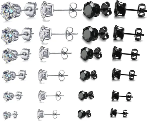 Juego de 12 pares de aretes tipo dormilona de acero inoxidable para hombre y mujer, color negro y transparente, con incrustaciones de circonita