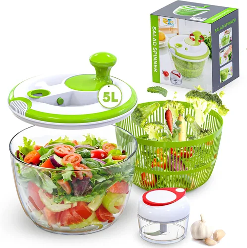 Miniatura 2 de Molinillo de ensalada, lavadora de lechuga de gran capacidad de 5 litros con mecanismo de giro fácil, secadora de verduras sin BPA para cocina.