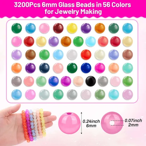 Miniatura 3 de PAXCOO 3200 cuentas de vidrio de 0.236 pulgadas para hacer joyas, cuentas de vidrio de 56 colores para hacer pulseras, kit de pulseras de cuentas