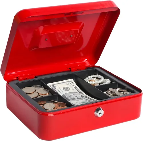 Miniatura 9 de Caja de dinero pequeña con bandeja de dinero y cerradura, caja de dinero de metal para efectivo, caja de seguridad de 7.87 x 6.3 x 3.54 pulgadas