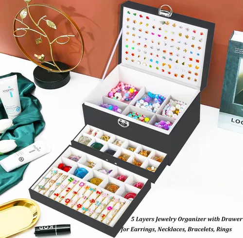 Miniatura 195 de Joyero de pendientes para mujeres y niñas, organizador de aretes de 5 capas, caja organizadora de joyas blanca con candado, collares y aretes