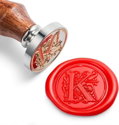 Miniatura 16 de Sello de cera Mceal, sello grande 1 1/5"(30mm) de diámetro, cabeza de latón plateado con mango de madera, serie de letras A a Z de estilo regio
