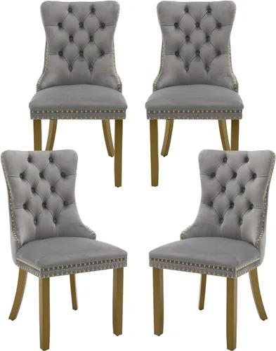 Miniatura 23 de Juego de 2 sillas de comedor de terciopelo, silla de comedor tapizada de alta gama con tirador de anillo en la espalda, adorno de clavos y patas