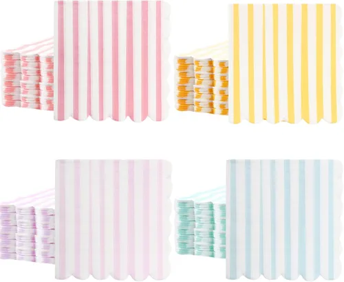 Tenceur Paquete de 100 servilletas festoneadas en colores pastel con rayas mixtas de helado de 5 x 5 pulgadas, servilletas de papel desechables para