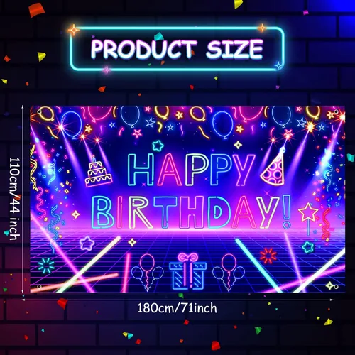 Miniatura 7 de Decoración de pancarta de fiesta de cumpleaños de neón brillante, telón de fondo de feliz cumpleaños con temática de fiesta
