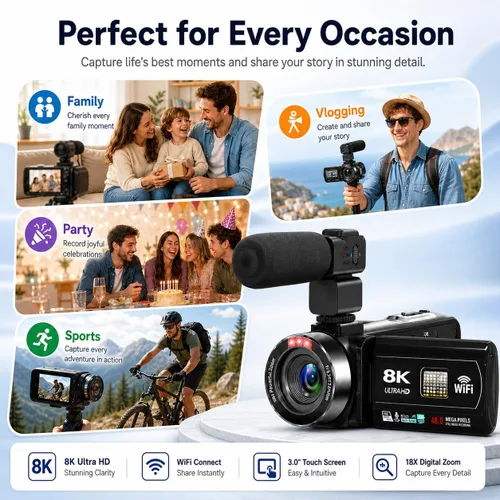 Miniatura 9 de Videocámara, videocámara 8K de 48 MP 15FPS UHD con Wi-Fi, cámara para vlogging con visión nocturna IR para YouTube, pantalla táctil de 3" con zoom