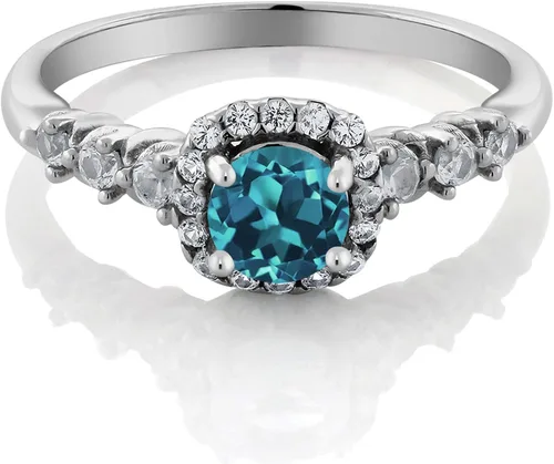 Miniatura 2 de Gem Stone King Anillo de compromiso redondo de plata de ley 925 con topacio azul londinense y zafiro blanco creado para mujer