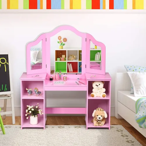 Miniatura 9 de MAT EXPERT Juego de mesa de tocador para niños con espejo de tres pliegues, tocador de juego de simulación con 4 estantes de almacenamiento, tocador