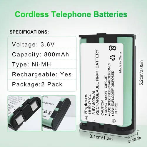 Miniatura 7 de Paquete de 2 baterías recargables HHR-P104 3.6V 800mAh NI-MH para baterías de repuesto de teléfono inalámbrico para Panasonic
