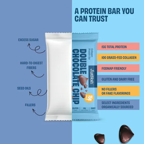 Miniatura 6 de JUSTNOSH Double: barras de proteína de colágeno con chispas de chocolate, 0.55 onzas de proteína, 0.35 onzas de colágeno, sin gluten y lácteos