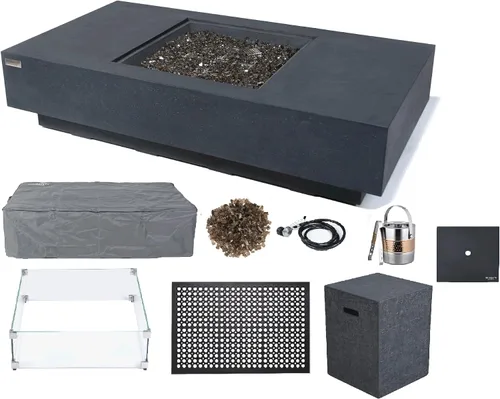 Elementi+ | Mesa de Fuego de Gas Colorado de Hormigón Fundido de 56" Rectangular, Hoguera al Aire Libre con Ignición Electrónica | Incluye Cubierta