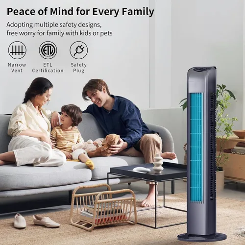 Miniatura 5 de Uthfy Ventilador de torre oscilante para dormitorio, ventilador de pie portátil con control remoto, 3 modos, 3 velocidades, temporizador de 7.5