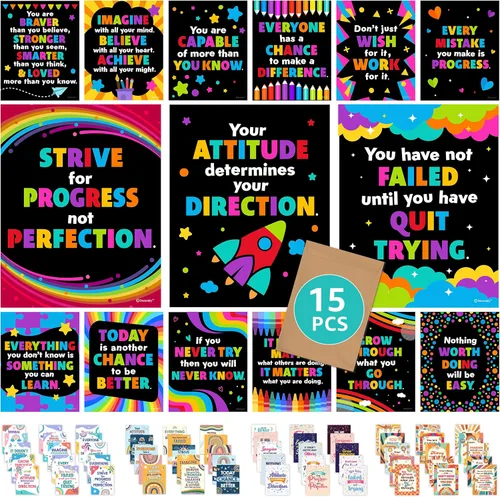 Decorably 15 carteles motivacionales de pizarra para niños, 11 x 14 pulgadas, laminado mate, decoración de pared motivacional para aulas, tablones