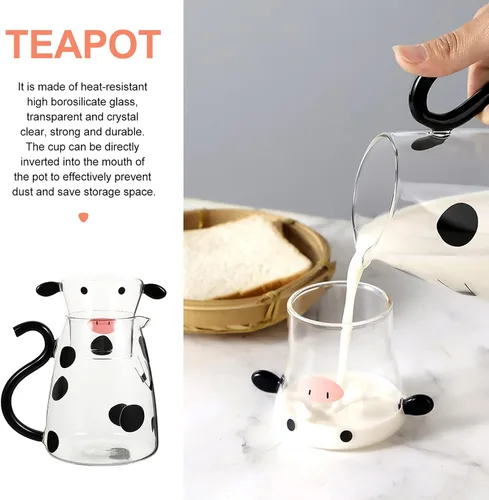 Miniatura 8 de Jarra de bebidas frías Jarra de vidrio con forma de vaca, botella de agua fría para bebidas, tetera para microondas, tetera, tetera, dispensador