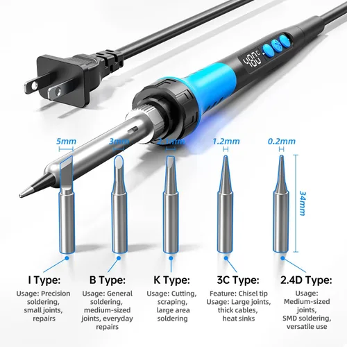 Miniatura 5 de Kit de soldador, pistola de soldadura digital LCD de 90W 110V, herramienta de kit de soldador de 12 en 1, temperatura ajustable de 180-480°C, 5 Azul