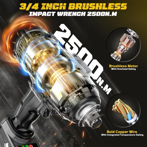 Miniatura 5 de Llave de impacto inalámbrica de 3/4 de pulgada compatible con batería Dewalt de 20 V, Cerycose1850 ft-lbs (2500 N.m), pistola de impacto eléctrica