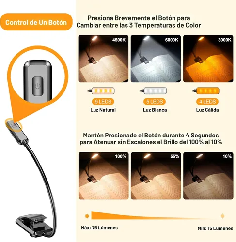 Miniatura 3 de Gritin Luz de Lectura Recargable de 9 LED para Leer en la Cama - Cuidado de los Ojos 3 Temperaturas de Color, Brillo de Atenuación Continua, 80