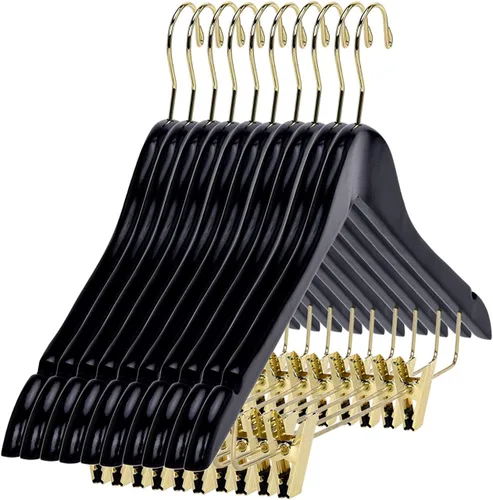 Miniatura 8 de Perchas de madera de calidad para faldas con clips, paquete de 10 perchas lisas de madera maciza para pantalones con clips de metal ajustables