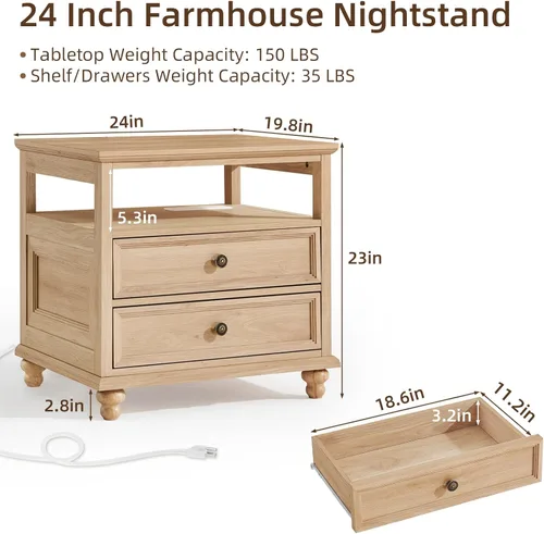 Miniatura 2 de Joaxswe Mesita de noche estilo granja con estación de carga, mesa auxiliar de 61 cm de ancho con 2 cajones, cómoda natural para dormitorio, cómoda