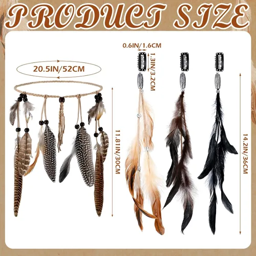 Miniatura 5 de XunYee Paquete de 3 pinzas para el pelo de plumas de Halloween, 1 diadema de plumas bohemias, extensión de pelo hippie con clip de peine