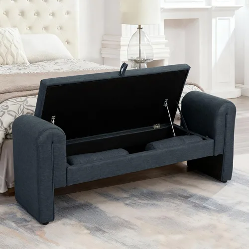 Miniatura 15 de Banco de almacenamiento de terciopelo para dormitorio, extremo de la cama con 2 almohadas, banco otomano tapizado con botones copetudos, reposapiés