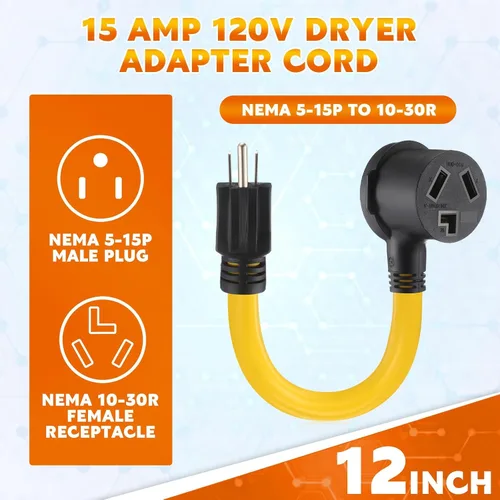 Miniatura 2 de Kanayu Cable adaptador de secadora NEMA 5-15P a 10-30R 15 amperios 1 pie NEMA 5-15P macho a 10-30R hembra adaptador de corriente 15 amperios 3