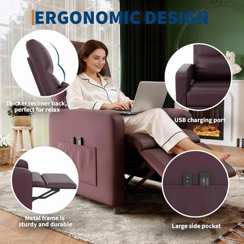 Miniatura 5 de GarveeHome - Silla reclinable eléctrica con calor y masaje, sofá individual ergonómico de cuero sintético ajustable, respaldo alto, asiento PU Marrón