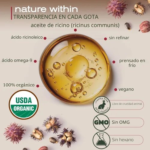 Miniatura 2 de Ella & Eden Aceite de Ricino Orgánico – Prensado en Frío Sin Hexano Sin Refinar - Para el Crecimiento del Cabello, Piel y Rostro - Certificado por