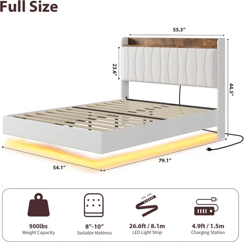Miniatura 2 de GarveeHome Marco de Cama Flotante Full con Luces LED y Estación de Carga USB – Cama Plataforma Moderna Tapizada con Cabecero, Soporte de Listones