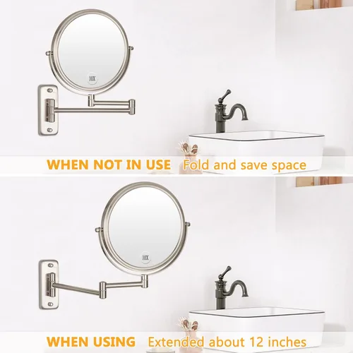 Miniatura 5 de Espejo de Maquillaje de Pared - Aumento 10x de 8'' de Doble Cara Giratorio Extensible Espejo de Baño con Acabado de Níquel 8 "10x Níquel-sin LED