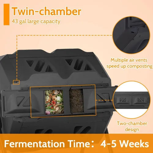 Miniatura 4 de Contenedor de compostaje de 43 galones para exteriores con puertas correderas de doble cámara, compostador de volteo, compostadores manuales