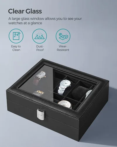 Miniatura 3 de SONGMICS Caja de reloj, caja de reloj de 10 ranuras con tapa de vidrio grande, almohadas extraíbles para reloj, organizador de caja de reloj, regalo