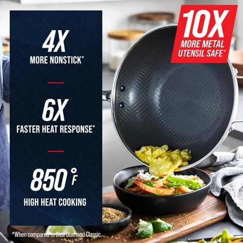 Miniatura 4 de Blue Diamond - Set de ollas de acero inoxidable antiadherente híbrido de 12", con tapa, wok, sin PFAS, con enlace de diamante cerámico, apto