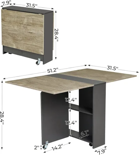 Miniatura 2 de Mesa de Comedor Plegable con Hoja Abatible con 6 Ruedas y Estante de Almacenamiento de 2 Niveles, Mesa que Ahorra Espacio para Espacios Pequeños