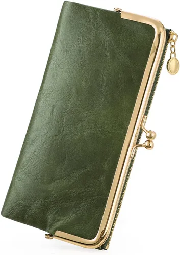 GOIACII Billetera para mujer, estilo vintage, compacto, con cierre de cremallera, con cierre de beso, color verde